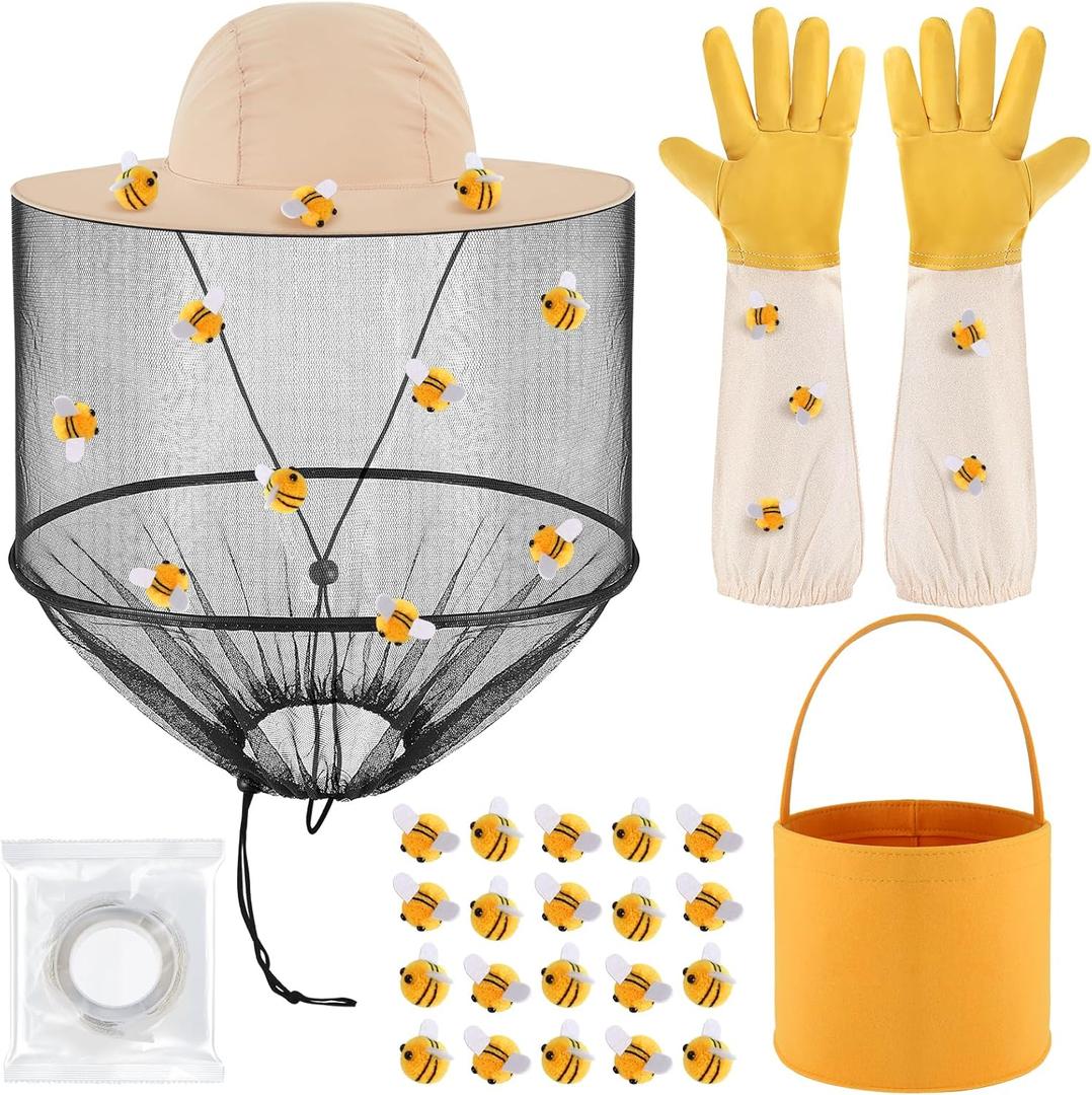 5PCS Beekeeper Set Includes 1PCS Beekeeper Veil Hat, 20PCS Felt Bees, A Roll of Dispensing Glue, 1PCS Yellow Felt Bucket, 1 Pair Beekeeping Wool Gloves for Bee Keeper Catcher Halloween Costume