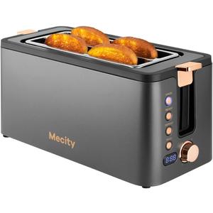 Mecity 4 Slice Toaster, Long Slot Toaster With Warming Rack, Timer, Bagel, Defrost, Reheat Functions, Crumb Tray, 6 Browning Settings, Extra Wide Long Slots, Stainless Steel, 1300W, Grey