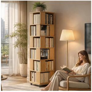 Solid Wood Walnut Rotating Square Bookshelf Towers with Wheels,Bookcase