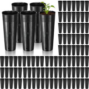 100 Pack Tall Tree Pot 11.8'' x 4.7'', Black Plastic Deep Nursery Pots, Soft Deep Seedling Pots for Seed Starting, Plant Starter Cups with Drainage Holes for Flowers, Cutting & Transplanting