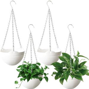 4 Pack 8 inch Plastic Self Watering Hanging Planters,Round Hanging Basket Planter with Drainer and Metal Chain,White Garden Flower Plant Pot Container for Indoor Outdoor Plants