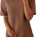 Dokotoo T-Shirts Cable Knit Short Sleeve Texture T-Shirt for Women Tee Tops | T Shirts for Women Summer Tops for Women Short Sleeve Tops Casual Tops for Women Cable Knit Textured Knit Top Basic Tee Shirt (Brown, XL)