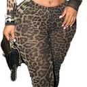 Women's Leopard Print Two Piece Set Mesh See Through Top Bodycon Pants Cheetah Print Set Y2K Club Outfits For Women (X-Large)