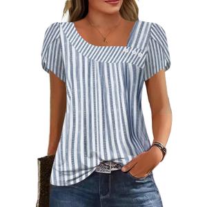 Womens Petal Sleeve Tops Summer Trendy T Shirt Casual Loose Square Neck Button Blouse Tees (Large)