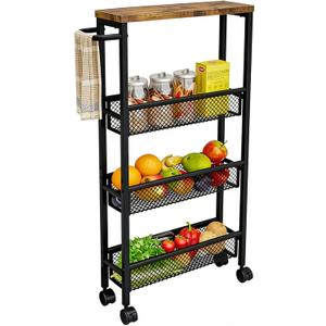AZERPIAN Slim Rolling Cart 4 Tier Narrow Storage Cart on Wheels with MDF Board Top and Metal Handle for Small Space Kitchen Living Room Home Office Pantry Bathroom Laundry Room(16.545.1230.31 inch)
