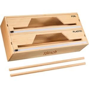 Wesiti 18 Inch Large Plastic Wrap Organizer & Dispenser with Cutter 2 in 1 Aluminum Foil Saran Wrap Butcher Parchment Paper Dispenser Bamboo Wall Mount Tin Wax Cling Organizer for Kitchen Countertop