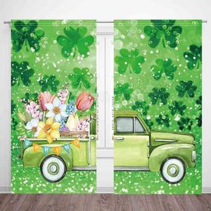 St. Patrick's Day Window Curtain Lucky Shamrock Green Truck Spring Party Glitter Botanical Curtains Living Room Bedroom Decoration Window Decorative Supplies Drapes 2 Panel