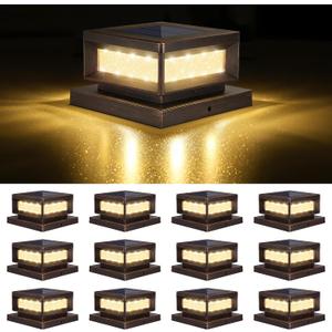 Mlambert 12 Pack Solar Post Cap Lights Outdoor, Waterproof Deck Fence Post Light for 4x4 Wood/Vinyl Posts, 6x6 Wooden Posts, Cool/Warm Lighting, Brown