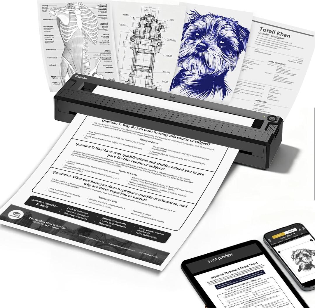 Bagana Portable Printers Wireless for Travel, Bluetooth Thermal Small Printer Supports 8.5" x 11" US Letter & A4 Size, Inkless Mobile Compact Printer for Phone&Laptop for Home Office School