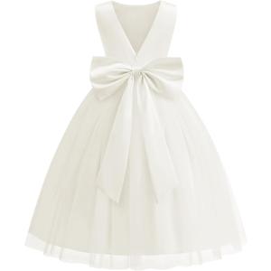 Flower Girl Dress Girls Dresses Wedding Satin V-Back Pearls for Pageant Prom Ball Gowns Party (4-5T)