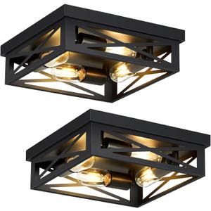 SKEJAO Black Flush Mount Ceiling Light Fixture, 4-Light Square Hallway Light Fixtures Ceiling, Light Fixtures Ceiling Mount for Farmhouse, Kitchen, Hall, Bedroom (2 Pack)