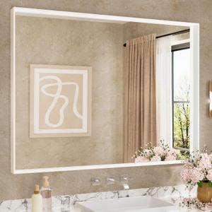 Keonjinn 48 x 36 White Bathroom Vanity Mirror Metal Framed Large Bathroom Mirror for Over Sink Rectangular Wall Mirror Square Corner Farmhouse Matte White Rectangle Mirror(Horizontal/Vertical)