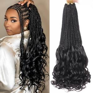 24 Inch French Curl Crochet Braids 9 Packs Natural Black Goddess Box Braids Crochet Hair Pre Looped Synthetic Bohemian French Curly Braiding Hair for Women (#1B)