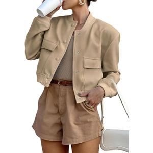 ANRABESS Womens Bomber Jacket Button Cropped Casual Varsity Jackets Shackets Fall Trendy Fashion Travel Outfits with Pockets Beige L