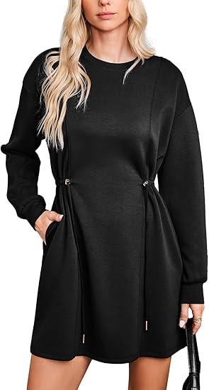 Dokotoo Women's Drawstrings Waistband Long Sleeves Crew Neck Sweatshirt Casual Mini Dress
Size 2XL