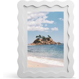 5x7 Picture Frame with Mat for 4x6, Wavy Edge Wooden Real Glass Photo Frame for Tabletop and Wall Hanging, White, 1 Pack
