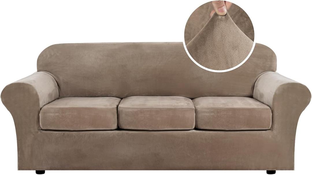 H.VERSAILTEX Modern Velvet Plush 4 Piece High Stretch Sofa Slipcover Strap Sofa Cover Furniture Protector Form Fit Luxury Thick Velvet Sofa Cover for 3 Cushion Couch Width Up to 90 Inch,(3 Cushion Sofa, Camel)