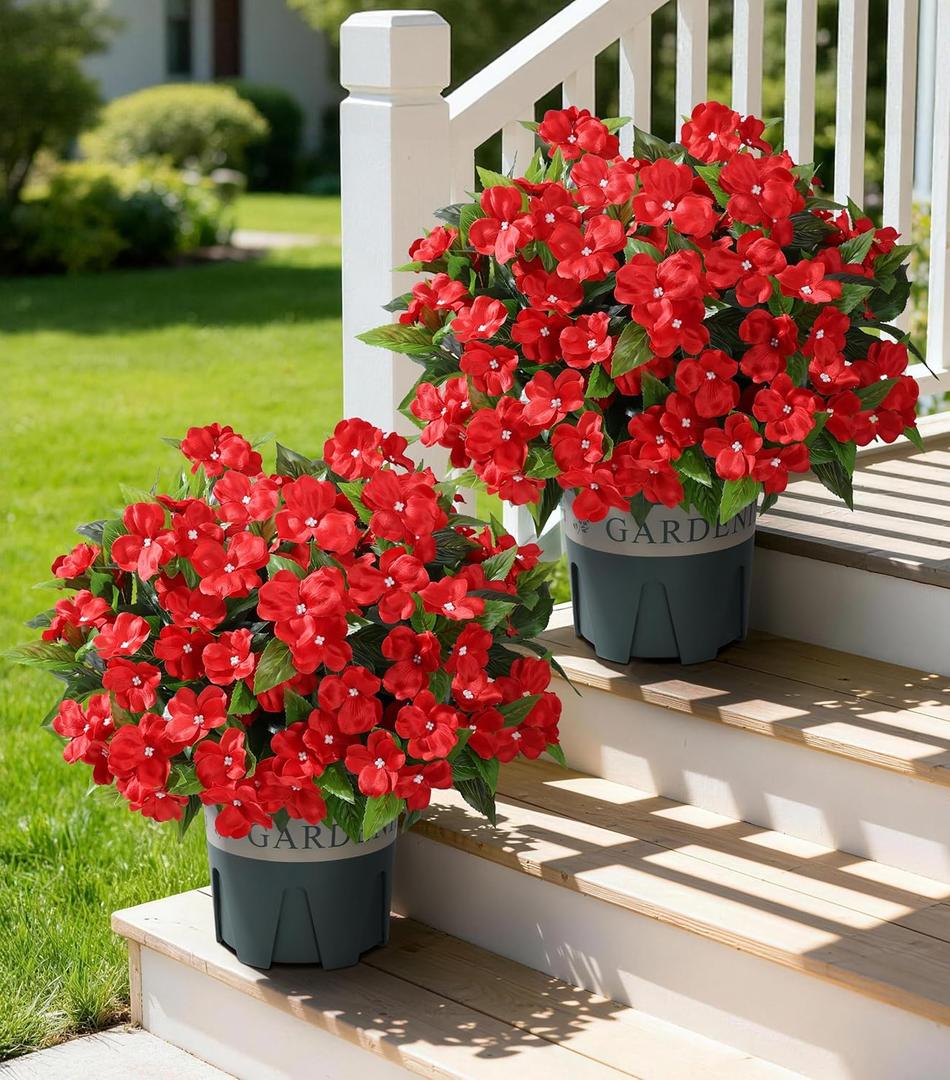 Artificial Flowers for Outdoors, 2 Set Fake Potted Flowers 12 Bundles UV Resistant Realistic Silk Faux Impatiens with Pot for Outside Balcony Garden Window Box, Red