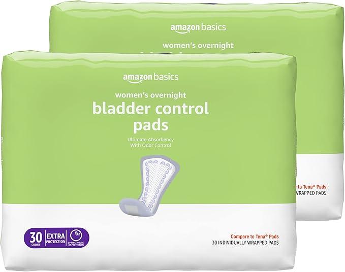 Amazon Basics Incontinence Pads for Women, Bladder Control, Postpartum, Overnight Absorbency, Unscented, 60 Count