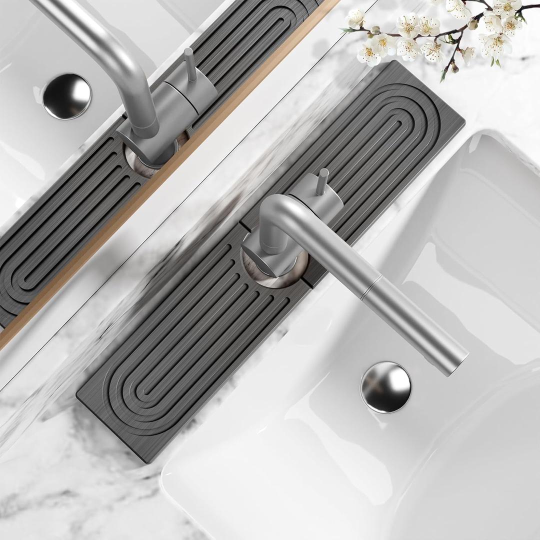 Stone Faucet Mat for Kitchen Sink - Quick Dry Diatomite Sink Splash Guard, Prevents Moisture Buildup & Water Stains, Water Absorbing Stone Tray for Bathroom Countertop (Dark Gray, 20" x 4")