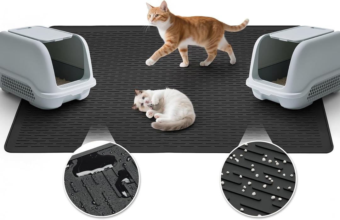 Cat Litter Mat,39x27in Waterproof Litter Mat,Large Rubber Litter Box Mats Easy to Clean,Washable Soft Cat Litter Mats Litter Trapping Mat,Indoor Floor XL Kitty Litter Mats-Black