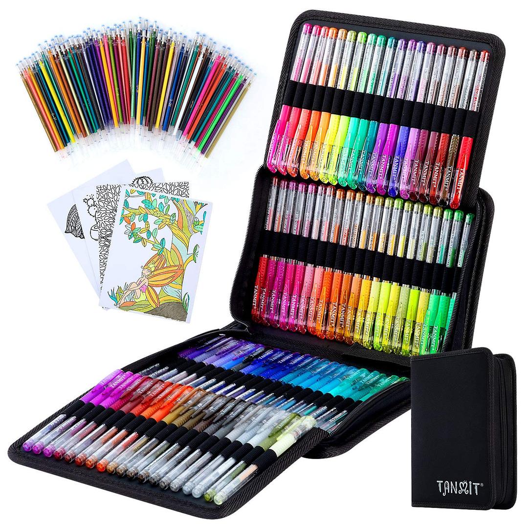 TANMIT Glitter Gel Pens, 24 Pack Glitter Pen with Case for Adults Coloring Books, Artist Colored Gel Markers with 40% More Ink for Drawing Scraobooking Writing Doodling