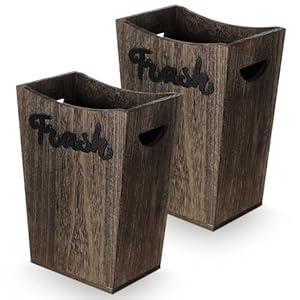 Maxcheck 2 Pcs Farmhouse Bathroom Wood Trash Can, 2 Sizes (3.35/ 2 Gallons) Rustic Square Wastebasket Bin with Convenient Handle for Bathroom, Kitchen, Bedroom, Office(Dark Brown)