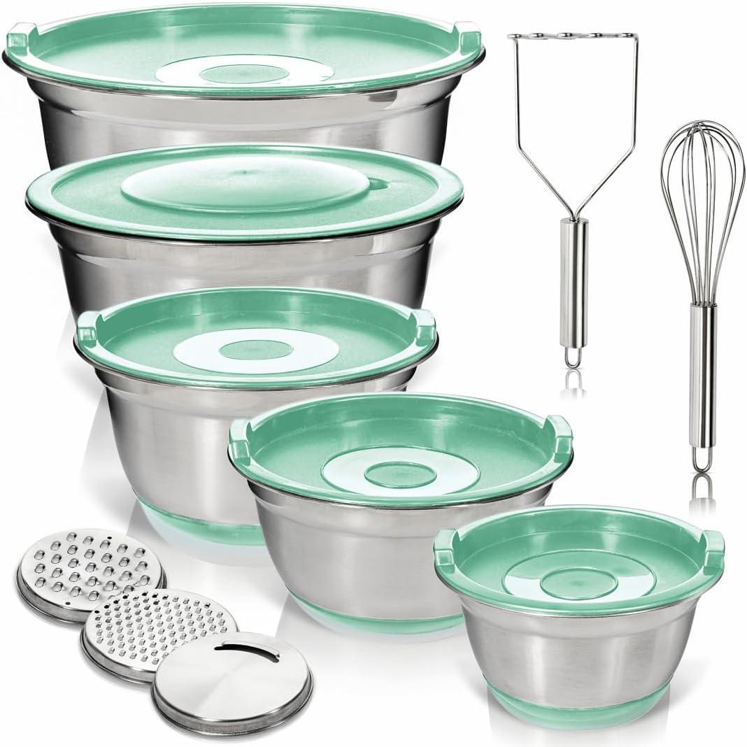 WHYSKO Stainless Steel Mixing Bowls With Lids Plus Stainless Steel Whisk, Potato Masher and Grater Lids, 5 Nesting Mixing Bowls And Kitchen Tools for Meal Prep, Cooking, Baking, Serving, Food Storage
