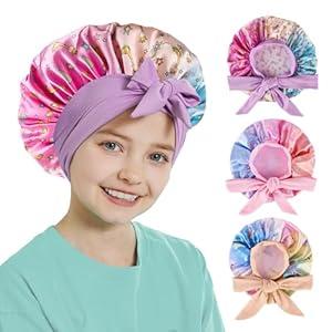 3 PCS Kids Bonnets for Girls,Kids Hair Bonnet,Silk Bonnet for Kid Sleeping,Cute Printed Silk lace up Children's Nightcap,A Sleeping Cap Suitable for Teenagers and Young Children