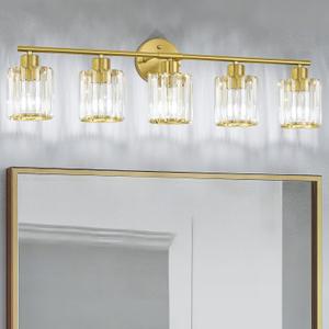 Modern Gold Crystal Bathroom Light Fixtures,5-Light
