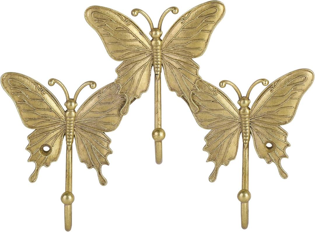 SOFFEE DESIGN Butterfly Gold Metal Wall Rack, Tiered Entryway Organizer with 3 Hooks, Fluttering Wing Design for Keys