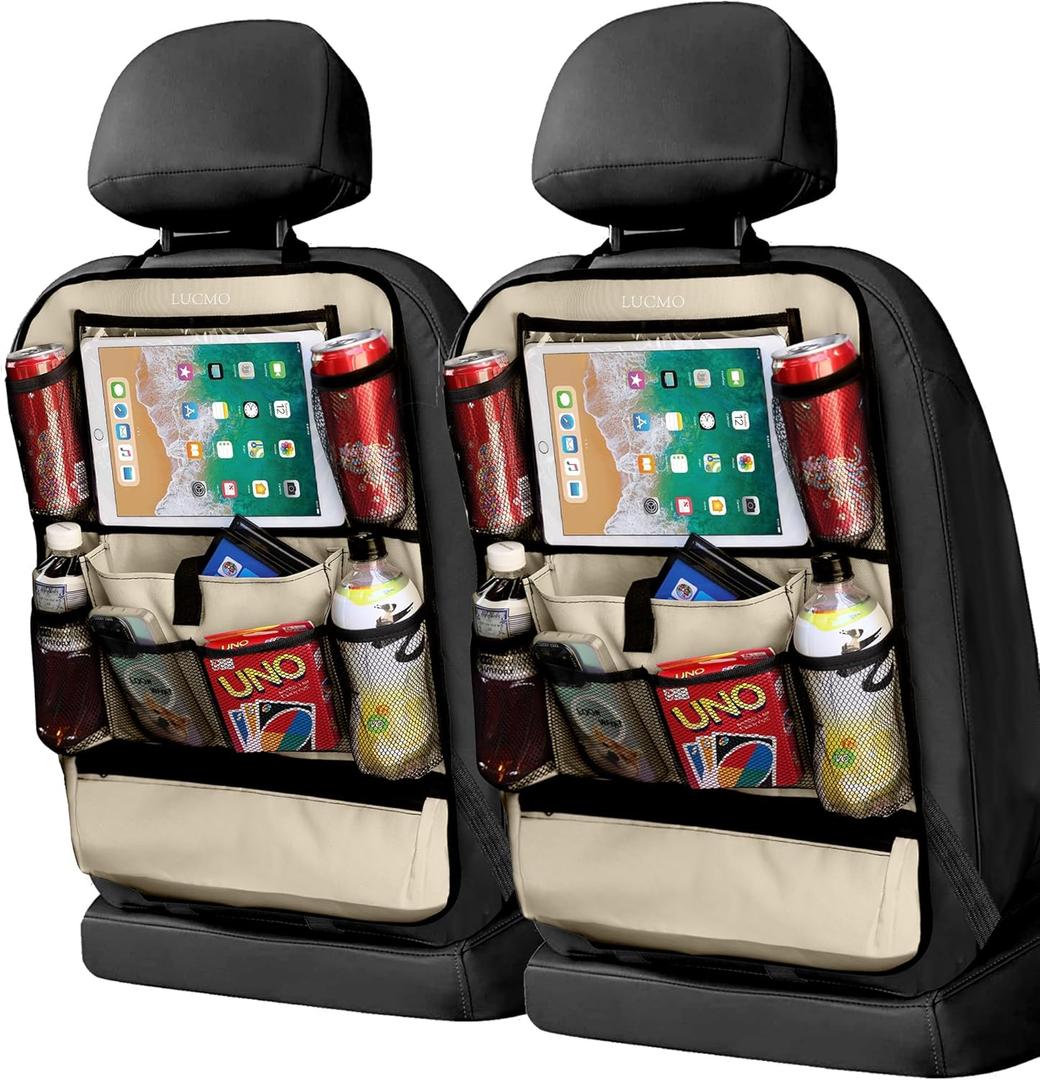 LUCMO Car Backseat Organizer with Touch Screen Tablet Holder-2 Pcs,9 Storage Pockets Car Storage Organizer Protectors Kick Mats Travel Accessories for Kids-Beige (2 Pack)
