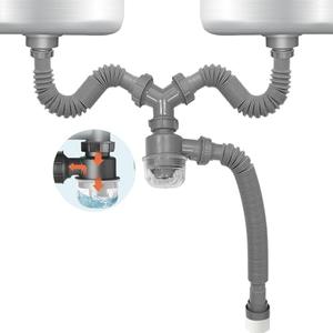 QruiLanTu Double Sink Drain Kit Expandable Flexible 1 1/2 Inch P-Trap with Visible Removable Easy-Clean Water Seal Anti-Odor Cup for Bathroom, Kitchen Sink Drain Pipe Kit, 1 2/1 IN, Grey+1