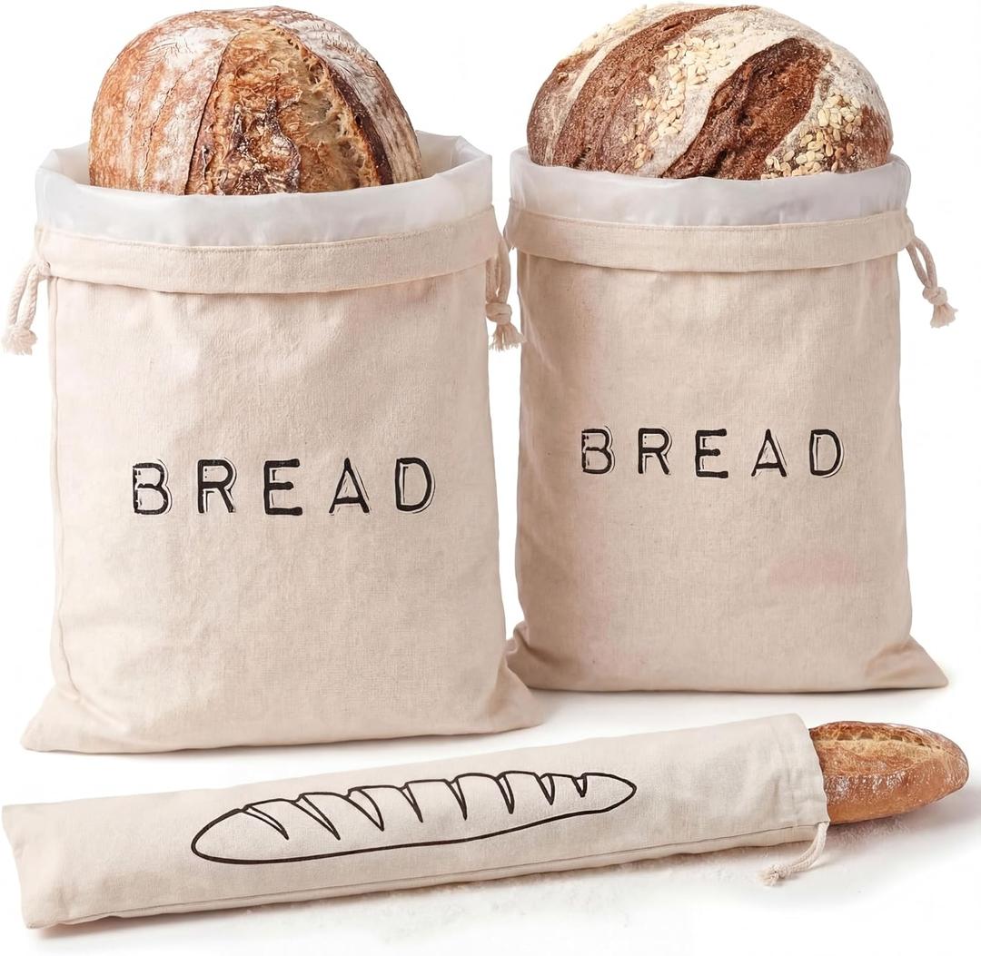 Leafico Reusable Bread Bags 2 Cotton Storage Bags + 1 Baguette Bag with Food Safe TPU Liner For Homemade Bread, Sourdough, Artisan Loaves Freezer Safe & Washable Plastic Alternative