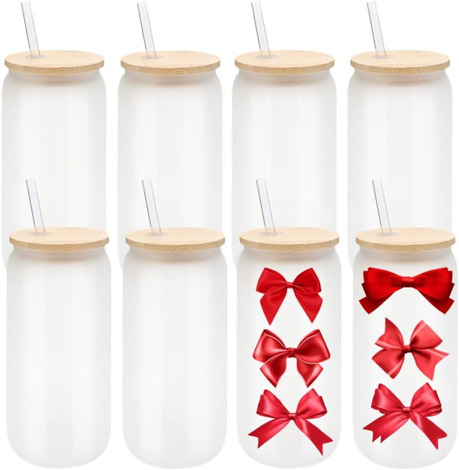 8 Pack Sublimation Glass Cans with Bamboo Lids - Frosted Borosilicate Tumbler Mason Jar Cups for Beer, Juice, Iced Coffee, Drinks - 20oz