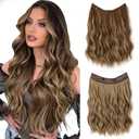 SARLA Invisible Wire Hair Extension with 3 Clips Synthetic Short Beach Wave Hairpiece Transparent Adjustable Headband for Women 16 Inch Medium Ash Brown