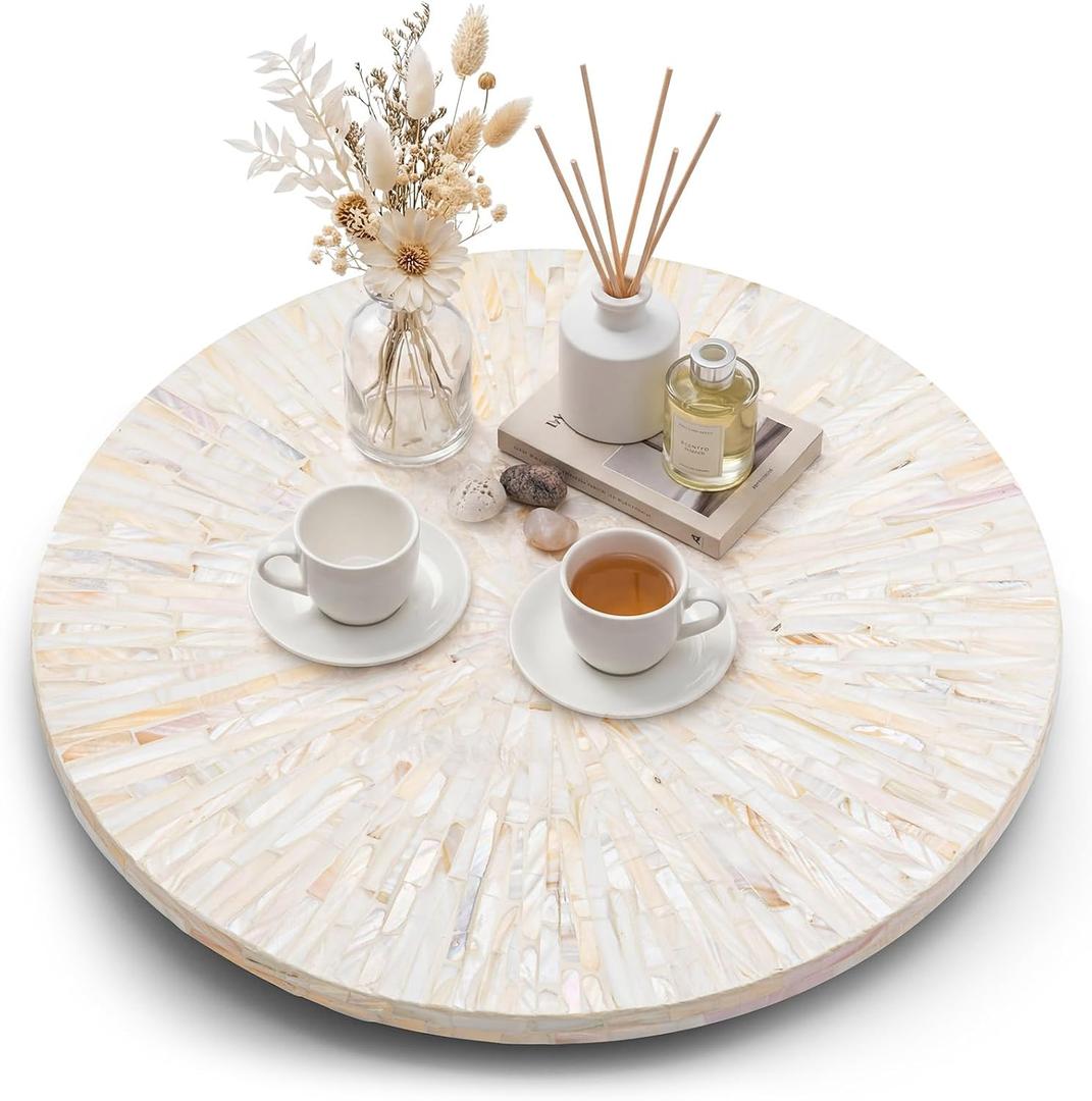 Large 16 Inch Mother of Pearl Lazy Susan for Table Top, Rotating Turntable Organizer Centerpiece Wood Round Spinning Tray for Countertop Kitchen Dining Housewarming Gift (Cream Sunlight)