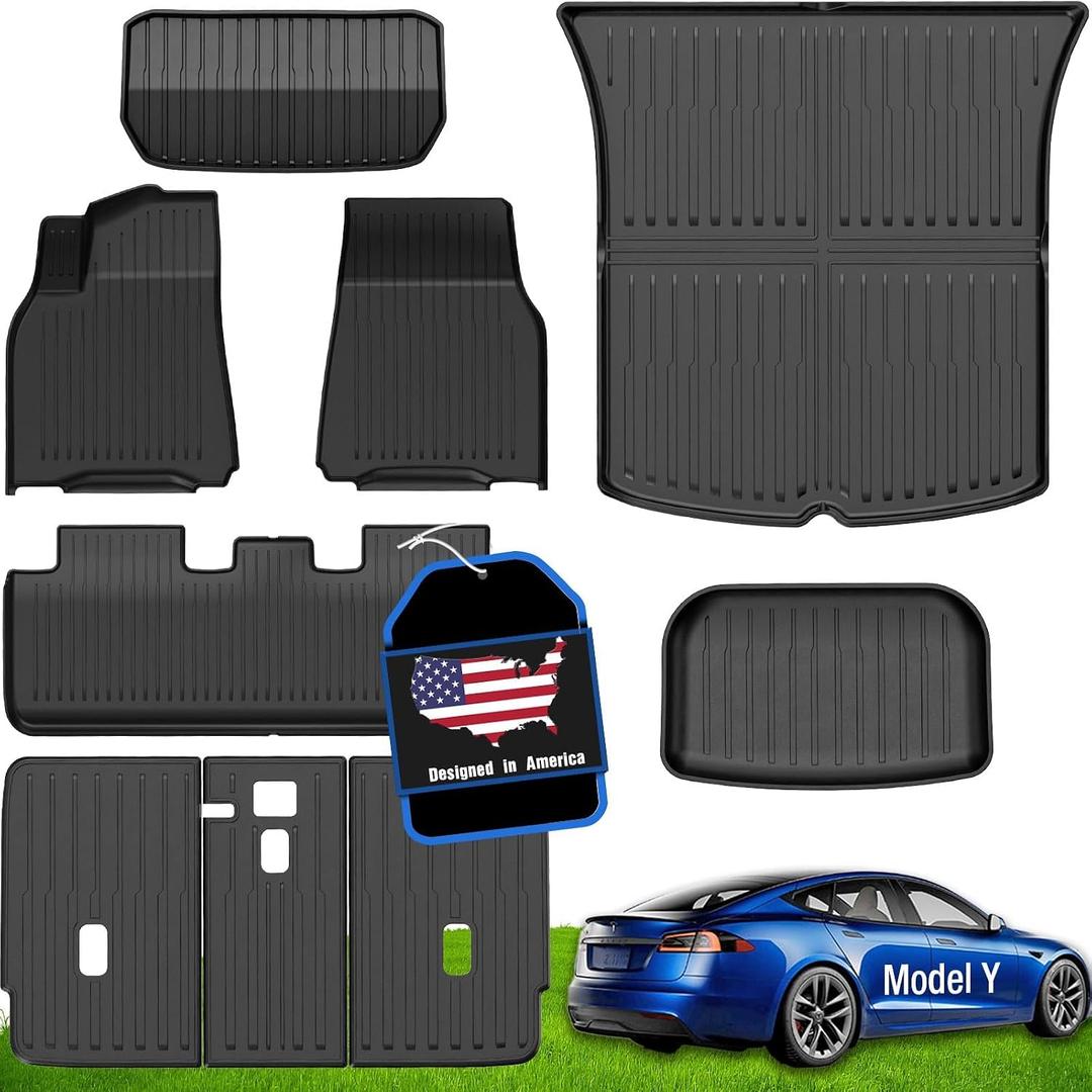 Tesla Model Y Floor Mats 2024 2023 2022 2021 2020, All Weather Floor Liners Full Set, Waterproof Non-Slip Interior Protection for Model Y 5 Seater, Front Rear Trunk Frunk Tesla Y Mats