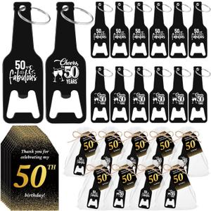 Maxcheck 50 Sets 50th Birthday Party Favors for Guests, 50th Bottle Opener Souvenirs Keychains Bulk with Thank You Cards and Organza Bags for Birthday Wedding Anniversary Souvenirs Gifts