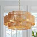 3-Tier Large Farmhouse Rattan Chandeliers, 22.8in Wicker Hanging Pendant Lights, Woven Boho Chandeliers, Hemp Rope Lighting Fixture for Kitchen Island, Dining Room, Living Room