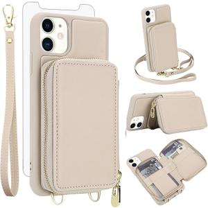 Phone Case for iPhone 12 Pro iPhone12 6.1 Wallet Cell Cover with Tempered Glass Screen Protector Crossbody Strap Lanyard RFID Blocking Credit Card Holder iPhone12pro 5G i 12s 12pro Women Girls Beige