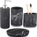 ZCCZ Bathroom Accessories Set, 4-Piece Marble Pattern with Soap Dispenser, Toothbrush Holder, Tumbler, and Soap Dish for Modern Bath Dcor, Elegant and Durable Design for Home or Office Bathrooms (Black Marble Look Rounded)