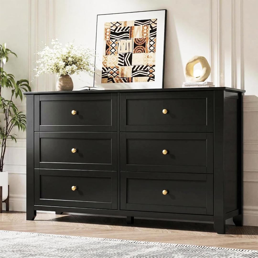 GarveeHome 6 Drawer Dresser for Bedroom, Black Dresser with Deep Drawers & Metal Knobs, Large Modern Wooden Chests of Drawers for Entryway, Hallway