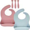 Silicone Baby Bibs 2 pcs with Silicone Baby Spoons Self Feeding Waterproof, Soft (Rosy)