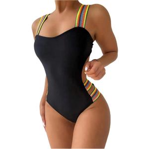 WDIRARA Women's Striped Tape One Piece Swimsuit Tummy Control Bathing Suit Cut Out Swimwear (L)