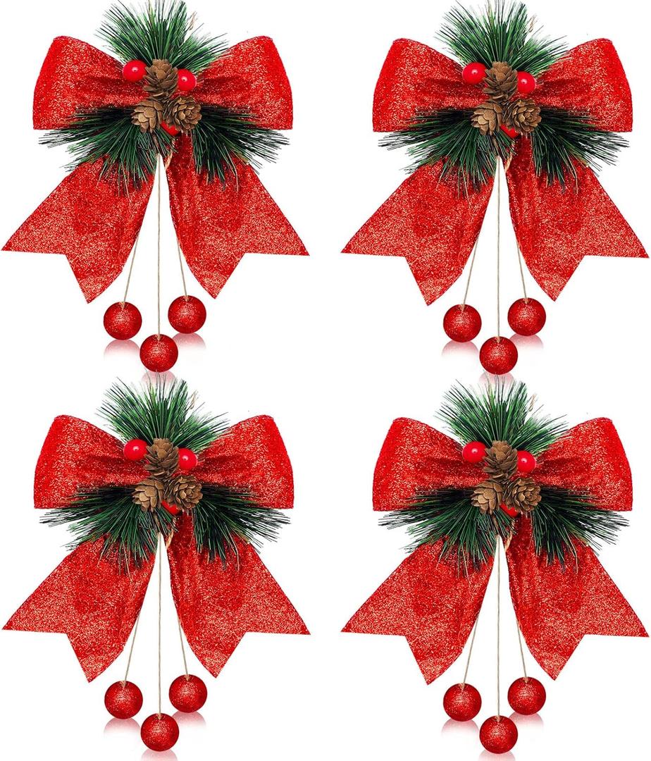 Xinnun 4 Pieces Christmas Buffalo Plaid Bows with Pine Cones Pine Needles Xmas Plaid Bow Ribbon Christmas Tree Wreath Decoration for Holiday Parties DIY Crafts Home Decor Indoor Outdoor (Red)