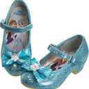 Disney Frozen Shoes - Girls Mary Jane Flat Pump Strap with Bow - Kids Character Elsa Anna Princess Dress up Costume Flower School Party Flats Slip on - Blue (Size 7 Toddler)