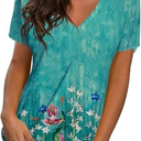 Womens T Shirts V Neck Short Sleeve Casual Tops Loose Fit Basic Tees with Curved Hem Size S