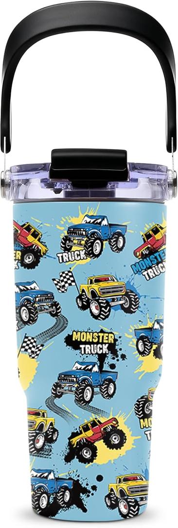 Monster Truck Tumbler with Top Handle and Flip Straw Lid 20oz Stainless Steel Insulated Travel Cups for Boys - Christmas Birthday Ideas for Monster Truck Kids Coffee Mugs