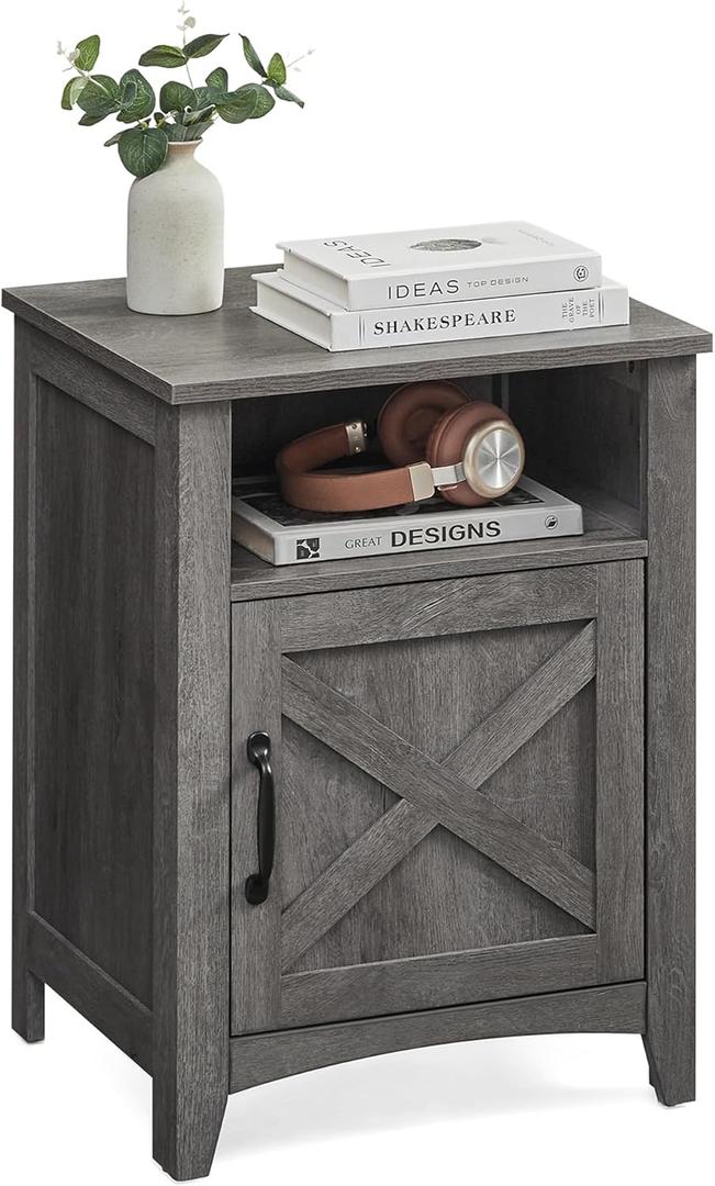 VASAGLE LIRY Collection - Farmhouse Nightstand with Barn Door, Bedside Table with Storage, Side End Table, Night Stand, Open Compartment, for Bedroom, Misty Gray ULET609G68